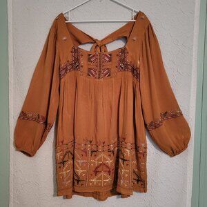 Free People Rhiannon Gold Mustard Embroidered Long Sleeve Mini Dress Size Large